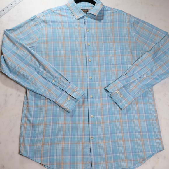 Peter Millar Summer Comfort Mens Large Blue Orange Plaid Performance Shirt MCC - Picture 3 of 10